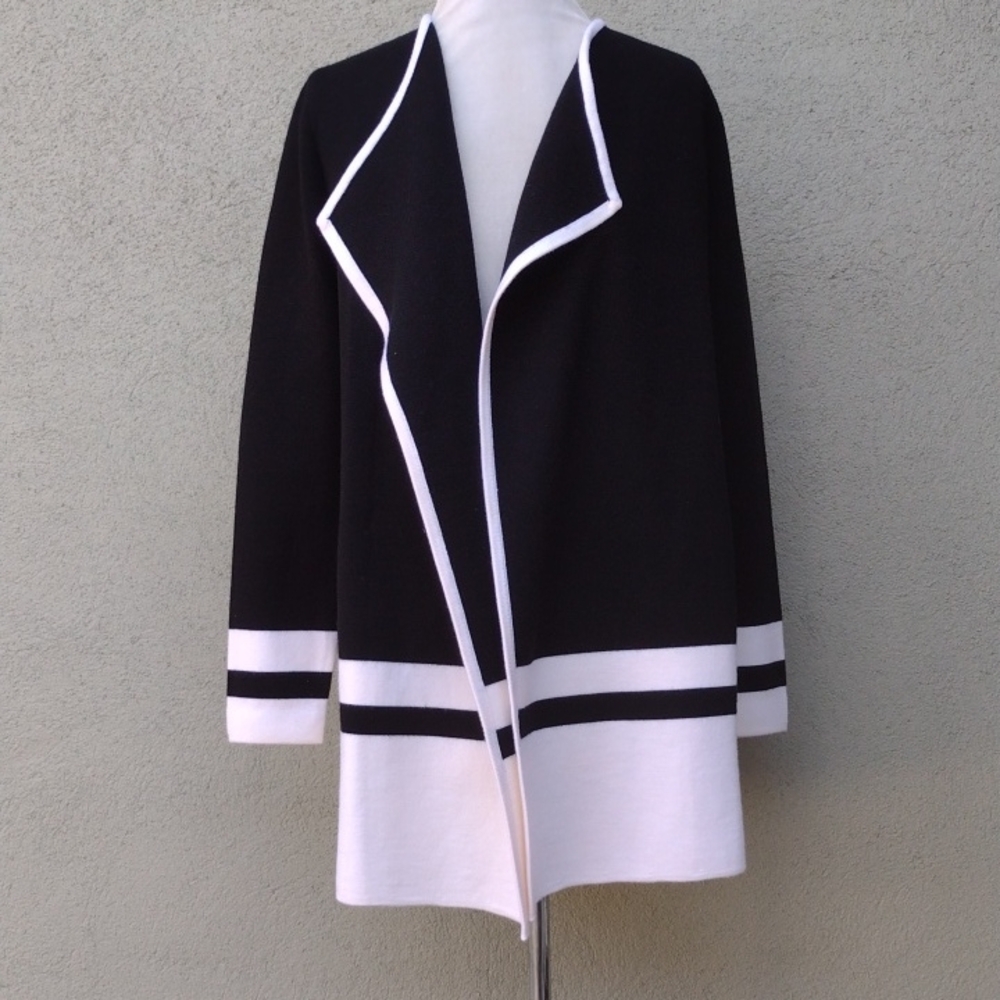 Flawed Talbots Black and White Open Front Merino Wool Cardigan Women's Small
